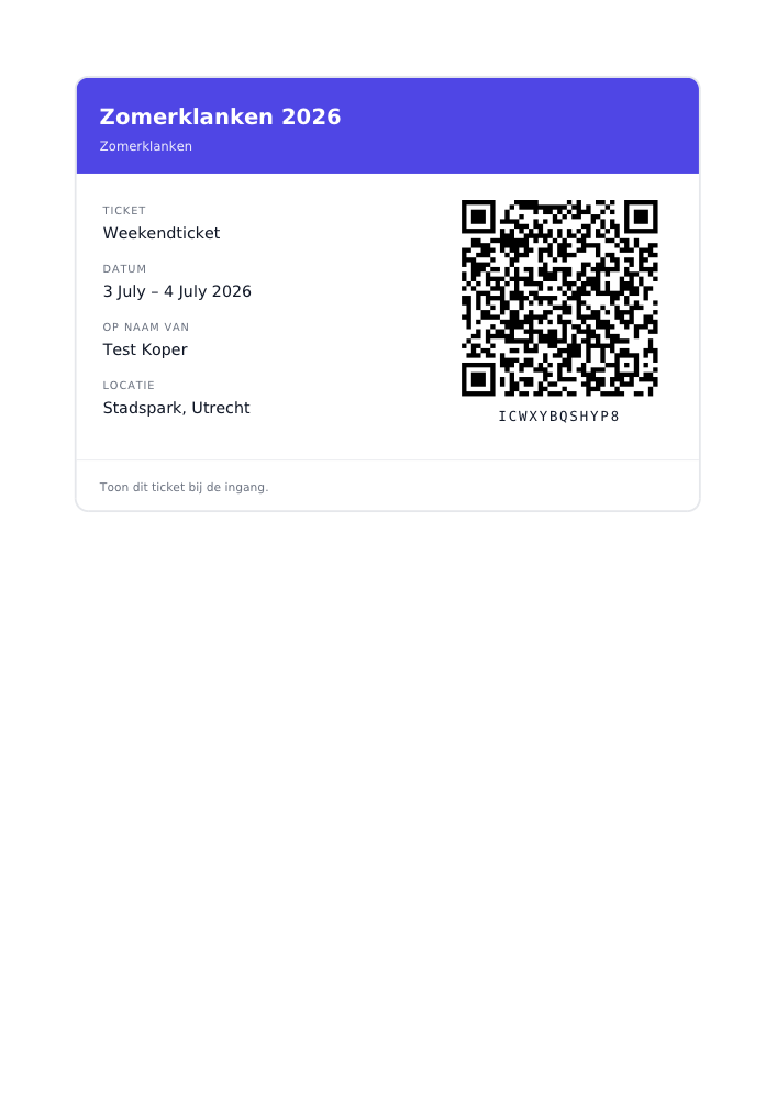 Voorbeeld van een gegenereerd ticket met QR-code